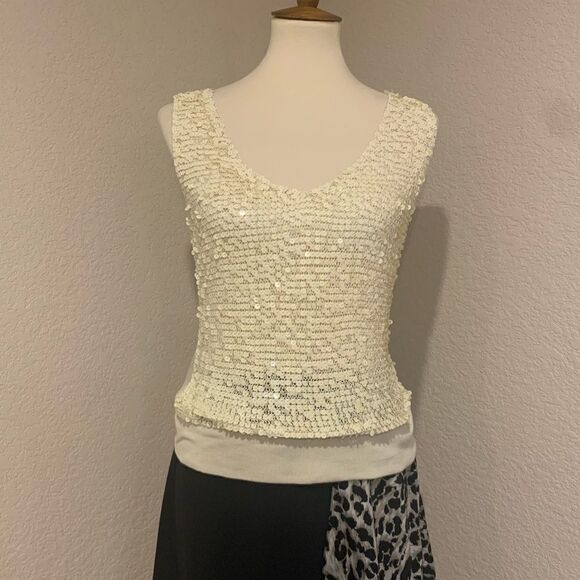 ShuShu Creamy Yellow & Tan Sequin Silk Tank S - Picture 16 of 16
